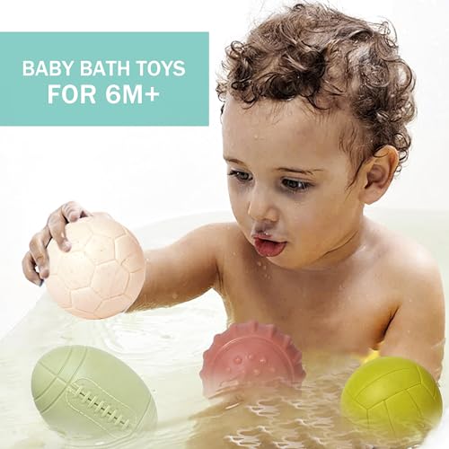 Bath Toys, Soft Sport Sensory Balls for Toddlers Boys Girls No Hole Wheat Straw Soft Montessori Toys for Babies 6 Months+, Swimming Pool Beach Shower Baby Toys - style: Sports Bath Ball Set