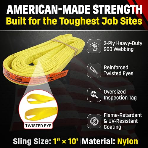 DD Sling 1 Inch x 10 Foot Nylon Lifting Sling – USA Made, 3,200 lb Vertical, 2,600 lb Choker, 6,400 lb Basket – 2-Ply Heavy Duty 900 Webbing, Type 4 Twisted Eye & Eye Rigging Sling, Safety Orange - size: 1 in x 10 ft