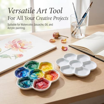 Ceramic Flower Paint Palette, Porcelain, 3 Inch, 7 Wells, for Watercolor, Gouache & Oil Painting, Pack of 2
