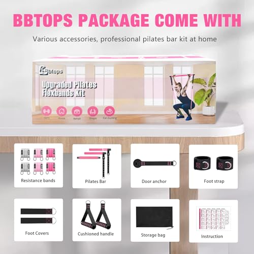 Bbtops Pilates Bar Kit with Resistance Bands,Pilates Bar with Stackable Bands Workout Equipment for Legs,Hip,Waist and Arm,Exercise Fitness Equipment for Women & Men Home Gym Yoga Pilates - color: Hot Pink