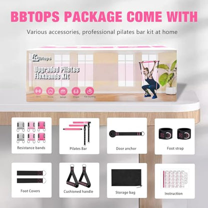 Bbtops Pilates Bar Kit with Resistance Bands,Pilates Bar with Stackable Bands Workout Equipment for Legs,Hip,Waist and Arm,Exercise Fitness Equipment for Women & Men Home Gym Yoga Pilates - color: Hot Pink