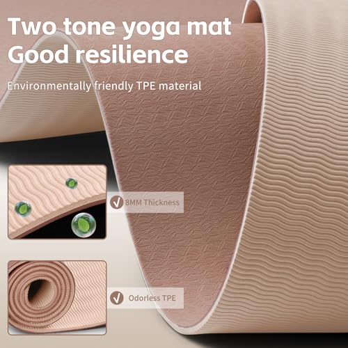 PAIDU Yoga Mat 8mm TPE Non‑Slip Fitness Mat with Strap for Home Workouts - color: Brown&Apricot