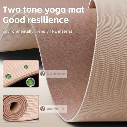 PAIDU Yoga Mat 8mm TPE Non‑Slip Fitness Mat with Strap for Home Workouts - color: 브라운&살구