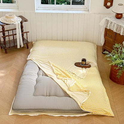 Yellow Gingham Japanese Floor Mattress Futon Cover, Queen - color: Yellow Gingham, size: Queen