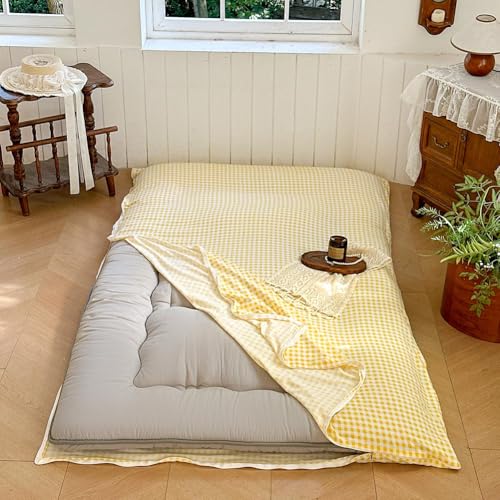 Yellow Gingham Japanese Floor Mattress Futon Cover, Queen - color: Yellow Gingham, size: Queen