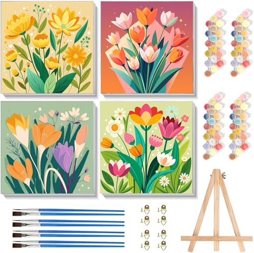 Sretoul 4 Pack Paint by Numbers Kit for Adults Framed Easel Flowers 8x8 in | Flowers Easy Framed Paint by Numbers Beginner, DIY Acrylic Oil Easy Painting by Numbers for Home Wall Decor - color: flowers 2