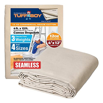 12oz All Purpose Canvas Drop Cloth 4x12ft – Commercial-Grade Heavy Duty Cotton Canvas Tarp Cover – Seamless, Washable & Reusable Painters Drop Cloth for Painting, Furniture & Floor Protection - color: 12 Oz - Commercial Grade