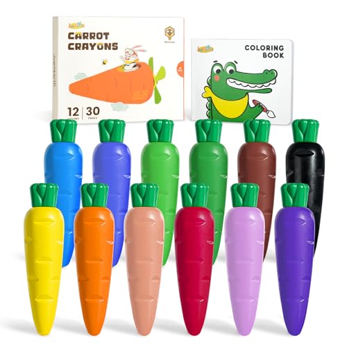 JUPITEARTH Carrot Crayons for Kids 12 Colors, Non Toxic Beeswax Crayons for Toddlers 1-3 with 30-Page Coloring Book & Stickers & 120 PDF Pages, Mess-Free Coloring for Kids Art Supplies Gift