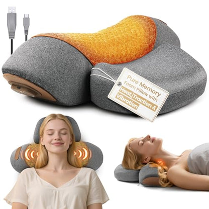 3-in-1 Neck Massager Pillow, Neck Massager for Pain Relief Deep Tissue, Massage Pillow with Heat, Vibration & Airbag Traction, 3D Ergonomic Cervical Hump Corrector Massage for Home Office