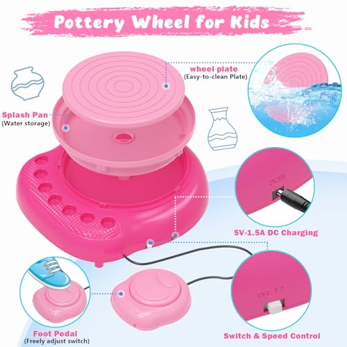 Pottery Wheel for Kids with Air Dry Clay Kit, 12 Paints & Tools, Ages 6-12 | No kiln needed: shape on the electric wheel, air-dry & paint. Gentle beginner speed; kit adds 3 clay packs, tools & apron - color: rose