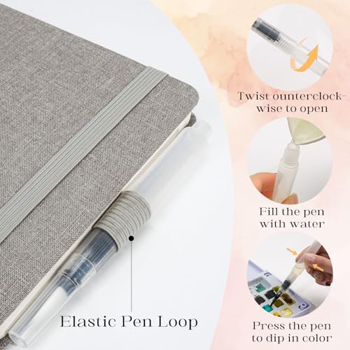 Watercolor Journal Sketchbook 5.5x5.5 24 Sheets Gray | Cotton paper, 140 LB 300 GSM, Linen cover, Tap Water Pen, Travel sketching - color: Gray, size: 5.5x 5.5 Inch