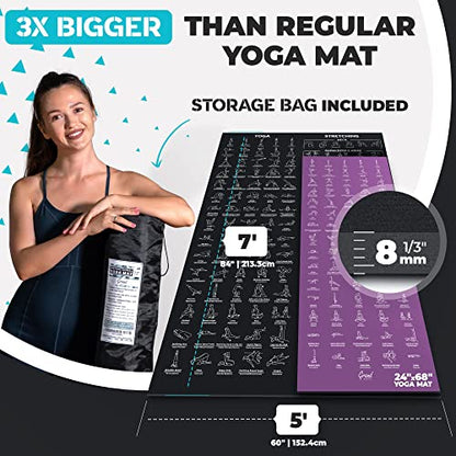 Extra-Large Instructional Yoga Mat with Poses Printed On It - 3X Bigger & 2X Wider than Regular Workout Mats - 150 Illustrated Yoga Poses and Stretches - Wide, Non-Slip, Barefoot Exercise Mat - color: 7' x 5' Black
