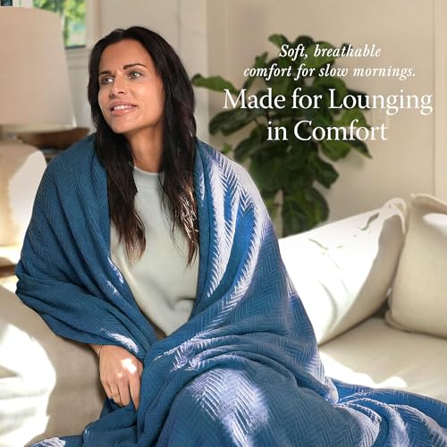Threadmill Luxury 100% Cotton Queen Herringbone Blanket, Folkstone Blue - color: Folkstone Blue, size: Queen (90" x 92")
