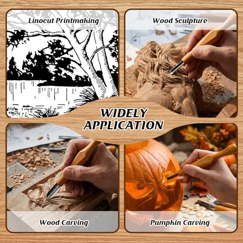 WILLBOND 5 Pcs Linoleum Carving Tool Set Wood Handle Linocut,Round | V Shaped Chisel for Printmaking, Triangular Grip, Rubber Stamp Making, Block Cutting Kit, Woodcarving Projects - style: Round