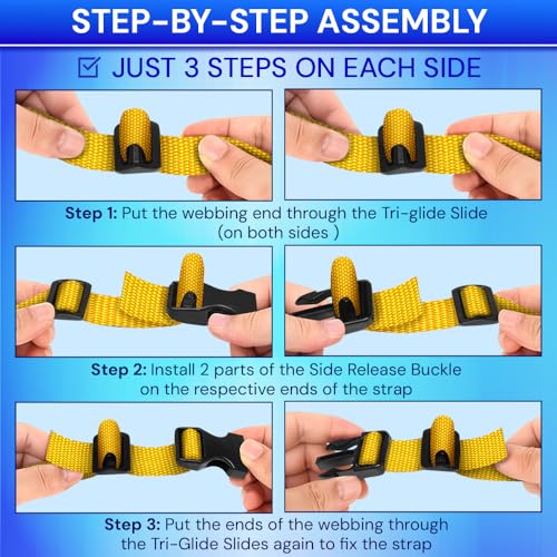 TECEUM 1" Nylon Strap Kit with Buckles, Honey Yellow 6 yards Repair Set | Heavy duty hardware kit: 6yd webbing, 6 quick release buckles, 12 tri-glide slide clips, 6 metal D-rings for crafting. - color: Honey Yellow, size: 1" - 6 yards, style: 6 Buckle - 1