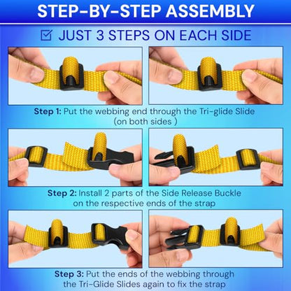 TECEUM 1" Nylon Strap Kit with Buckles, Honey Yellow 6 yards Repair Set | Heavy duty hardware kit: 6yd webbing, 6 quick release buckles, 12 tri-glide slide clips, 6 metal D-rings for crafting. - color: Honey Yellow, size: 1" - 6 yards, style: 6 Buckle - 1