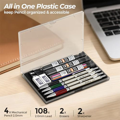 Nicpro 2.0 mm Mechanical Pencils Set, 4PCS Metal Mechanical Drawing Pencil | 108 Color & Black (HB 2B) Lead Refill, Non Slip Grips, Art Mechanical Pencil for School Writing, Artist Drawing Sketching