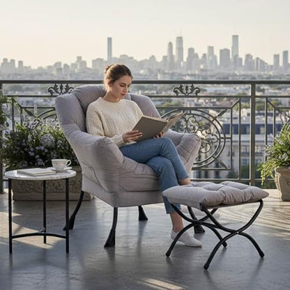 Tiita Modern Lazy Chair with Ottoman, Large Accent Armchair, Leisure Sofa Armchair with Footrest for Bedroom, Living Room, and Dorm Rooms | Foldable Footrest, Padded Seat and Backrest, Side Pocket for Lounging in Living Rooms, Bedrooms, Dorms and Small Sp
