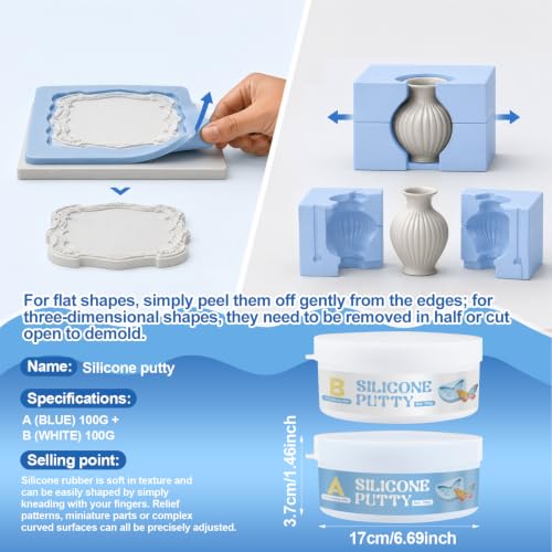 100g A+100g B Silicone Putty, Fast Curing for Silicone Molds Make | Silicone Molds Making Kit 1:1 Easy Mixing Ratio Harden after Drying Durable for Making Reusable Silicone Molds&Resin Molds