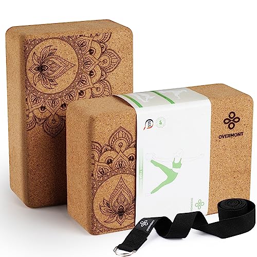 Overmont Cork Yoga Blocks 2 pack with 8ft Strap Natural Cork Bricks