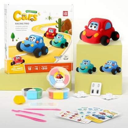 Air Dry Clay Kit for Kids - 3 Boxes Pull Back Car Making | Modeling Clay with Sculpting Tools, Base, Backing Board, Tutorial, Ultra Light & Soft, Creative DIY Arts and Crafts Toys - color: Racine Trio