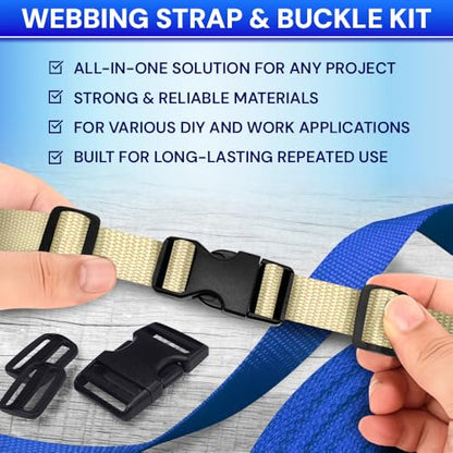 TECEUM 1" Nylon Strap Kit with Buckles, Cream 6 yards Repair Set | Heavy duty hardware kit: 6yd webbing, 6 quick release buckles, 12 tri-glide slide clips, 6 metal D-rings for crafting. - color: Cream, size: 1" - 6 yards, style: 6 Buckle - 12 Slides - 6 D