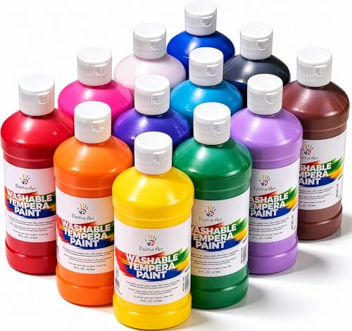 Positive Art Washable Paint for Kids, 12 Colors, 16 oz Bottles, Non-Toxic Tempera Paint Set for School and Classroom, Paraben-Free