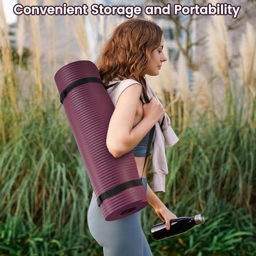 Fitvids Yoga Mat, 1/2-Inch Extra Thick High Density Exercise Mat, Anti-Tear Exercise Yoga Mat with Carrying Strap, Suitable for Various Yoga Exercises - color: Deep Wine