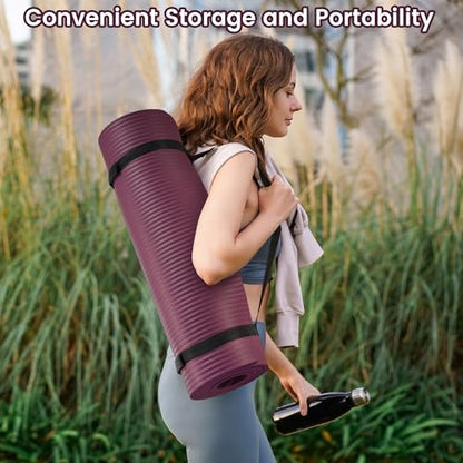 Fitvids Yoga Mat, 1/2-Inch Extra Thick High Density Exercise Mat, Anti-Tear Exercise Yoga Mat with Carrying Strap, Suitable for Various Yoga Exercises - color: Deep Wine