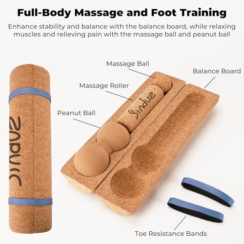 5-in-1 Cork Balance Board Kit - 15.7" Ankle Balance Board with Peanut Massage Ball, Balance Trainer, Foot Strengthener for Full Body Massage | Balance Stability | Improve Mobility | Prevent Falls