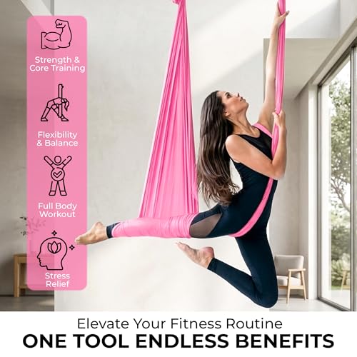 LOTUS78 Aerial Yoga Hammock 5.5 Yards (198 Inches) – Premium Aerial Silk Swing for Antigravity Fitness, Inversion Therapy, Strength & Flexibility | Purple | Yoga Trapeze for Home & Studio - color: Pink