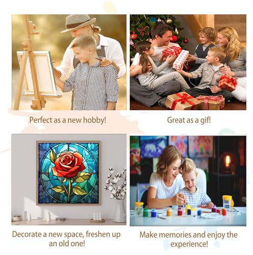 Artunion Framed Paint by Numbers Kit for Adults Beginners & Kids Ages 8-12,Red Rose Flower Paint by Number with Frame, Stained Glass Paint by Numbers Kit on Canvas 10 * 10 Inch Without Easel - color: ZXT-243-F