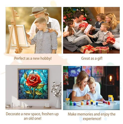 Artunion Framed Paint by Numbers Kit for Adults Beginners & Kids Ages 8-12,Red Rose Flower Paint by Number with Frame, Stained Glass Paint by Numbers Kit on Canvas 10 * 10 Inch Without Easel - color: ZXT-243-F