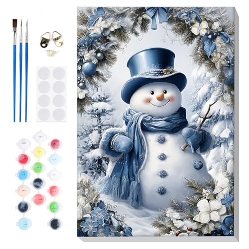 Bowetile Christmas Paint by Numbers for Adults Beginners Framed, Adults' Paint-by-Number Snowman Kits on Canvas, Acrylic Number Painting Christmas Gifts for Home Decor, 8x12in - color: Snowman-03