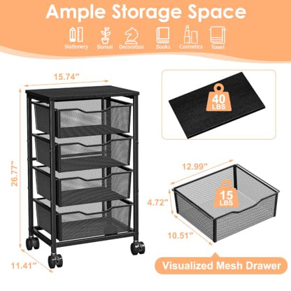 Hongtamoya Rolling Cart with Drawers, Storage Cart with Wheels, Black - color: Black, size: 4 Drawers