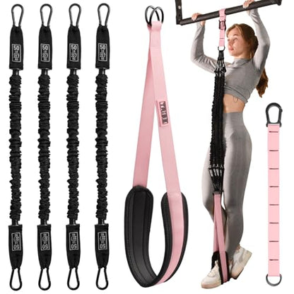 Pull Up Assistance Bands Set with 4 Levels, Adjustable Strap and Foot Rest | 50–200 lb stackable pull-up assistance, nylon-sleeved bands, adjustable support, reduced snap-back risk - color: Pink