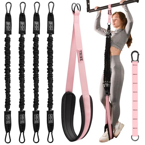 Pull Up Assistance Bands Set with 4 Levels, Adjustable Strap and Foot Rest | 50–200 lb stackable pull-up assistance, nylon-sleeved bands, adjustable support, reduced snap-back risk - color: Pink