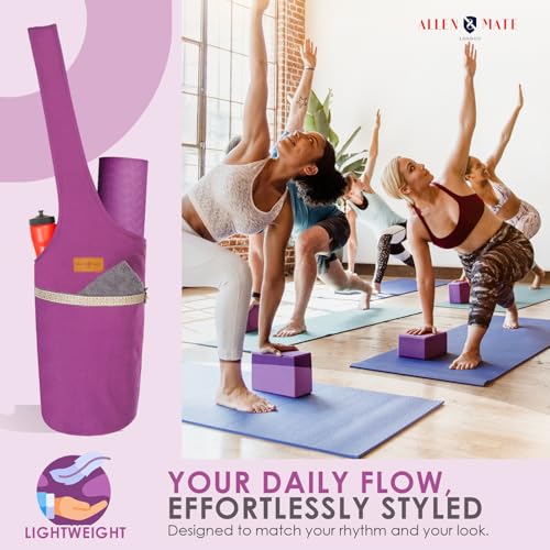 ALLEN & MATE 100% Cotton Canvas Yoga Mat Bag, Fits Mats up to 72 In Long and 7.5 In Thick, Wide Shoulder Strap, Zip Pocket, Blue Stripe - color: Purple