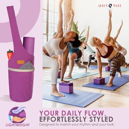 ALLEN & MATE 100% Cotton Canvas Yoga Mat Bag, Fits Mats up to 72 In Long and 7.5 In Thick, Wide Shoulder Strap, Zip Pocket, Blue Stripe - color: Purple