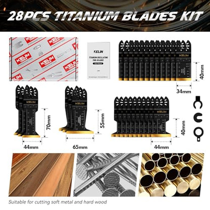28pcs Titanium Oscillating Tool Blades, Universal Multitool Blades | 4 Sizes Oscillating Tool Saw Blades Set for Metal and Wood Detail Cutting, Fit Bosch Fein Milwaukee Ryobi Dewalt - size: 28 PCS