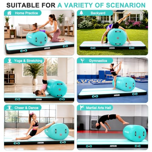 AWSUM Inflatable Gymnastics Mat with Air Roller Barrel Tumbling Equipment - color: Mint Green/Black+Green Roller, size: 13ft*3.3ft*4in &(L)40in*Diam23.6in