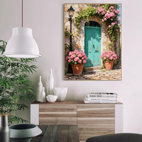 pchmcu DIY Streetscape Paint by Numbers Kits for Adults,Flower Door Scenery Paint by Number for Adults Beginner,Paint by Numbers Kits on Canvas Without Frame for Home Wall Decor 16x20inch - color: MT22401