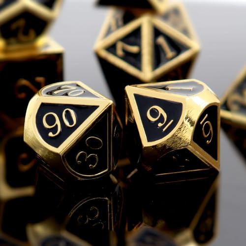 Haxtec Metal DND Dice Set, 7 Pcs Black Polyhedral Dice for Table Games | Gold Number D&D with Leather Bag, Compatible with Dungeons and Dragons, Enamel Heavy Metallic, RPG Gifts for DND Lovers - color: Gold Black