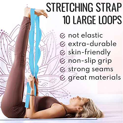 TECEUM Stretching Strap with 10 Loops for Physical Therapy & Rehab | Non-Elastic Yoga Stretch Band for Hamstring, Leg, Hip & Knee Rehab, Pilates, Flexibility & Mobility Exercises for Men & Women - color: Light Blue, size: Polypropylene 1.5” W - 10 Loops