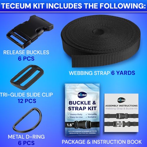 TECEUM 1.5" Nylon Strap Kit with Buckles, Black 6 yards Repair Set | Heavy duty hardware kit: 6yd webbing, 6 quick release buckles, 12 tri-glide slide clips, 6 metal D-rings for crafting. - color: Black, size: 1.5" - 6 yards, style: 6 Buckle - 12 Slides -