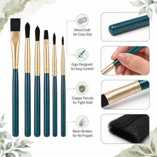 6pcs Mini Travel Watercolor Brush Set Including Flat and Round Brushes