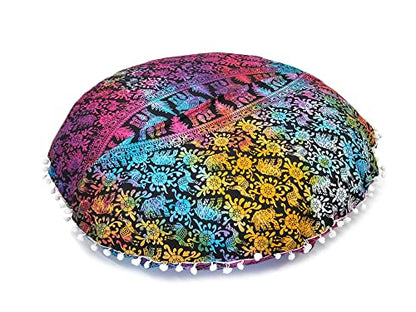 Large Round seat Floor Cushion Cover Chair Ottoman Cover Pouf Pillow Meditation Floor Cushion Covers for Adults Seating pouffe Ottoman Throw Covers Multi Peacock 32" Round
