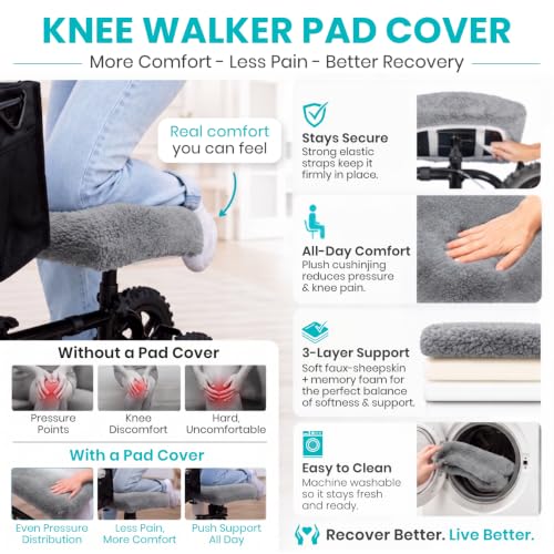 Vive Mobility Knee Scooter Pad Cover - Soft Adult Sheepskin Memory Foam - color: Gray