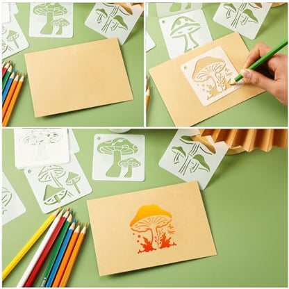 Augshy 56Pack Mushroom Stencils for Painting Moon Flowers Wall Decor 3 Inch | Reusable Plastic, Wall Floor Rock DIY Art Projects, Painting Stencils for Walls, Mushroom Wall Stencil Template - style: Mushroom