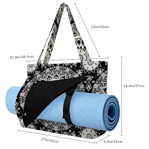 Mandala Yoga Mat Bag Large Yoga Bags and Carrier Fits All Your Stuff Yoga Tote Bags with Zipper Pocket Pilates Bag - color: Black